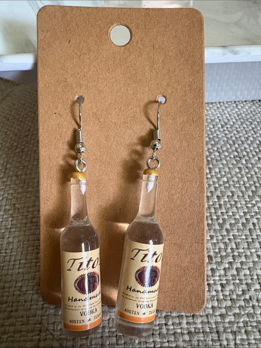 Tito's Vodka Bottle Dangle Earrings - Clear with Tan Label